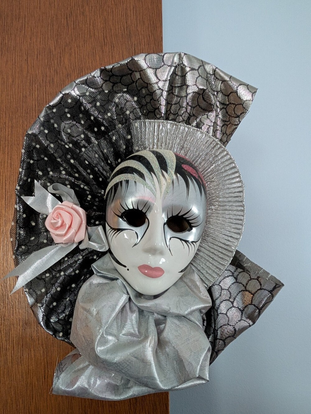 Vintage Decorative Silver Venetian-Style Mask Wall Hanging Pink Rose 10" H 9" W